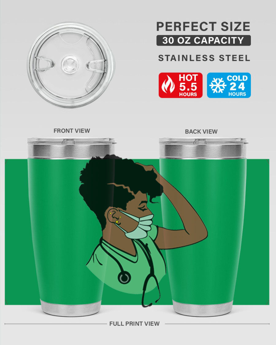 Black Nurse 20oz and 30oz Tumblers made of stainless steel with a stylish design, perfect for keeping beverages hot or cold.