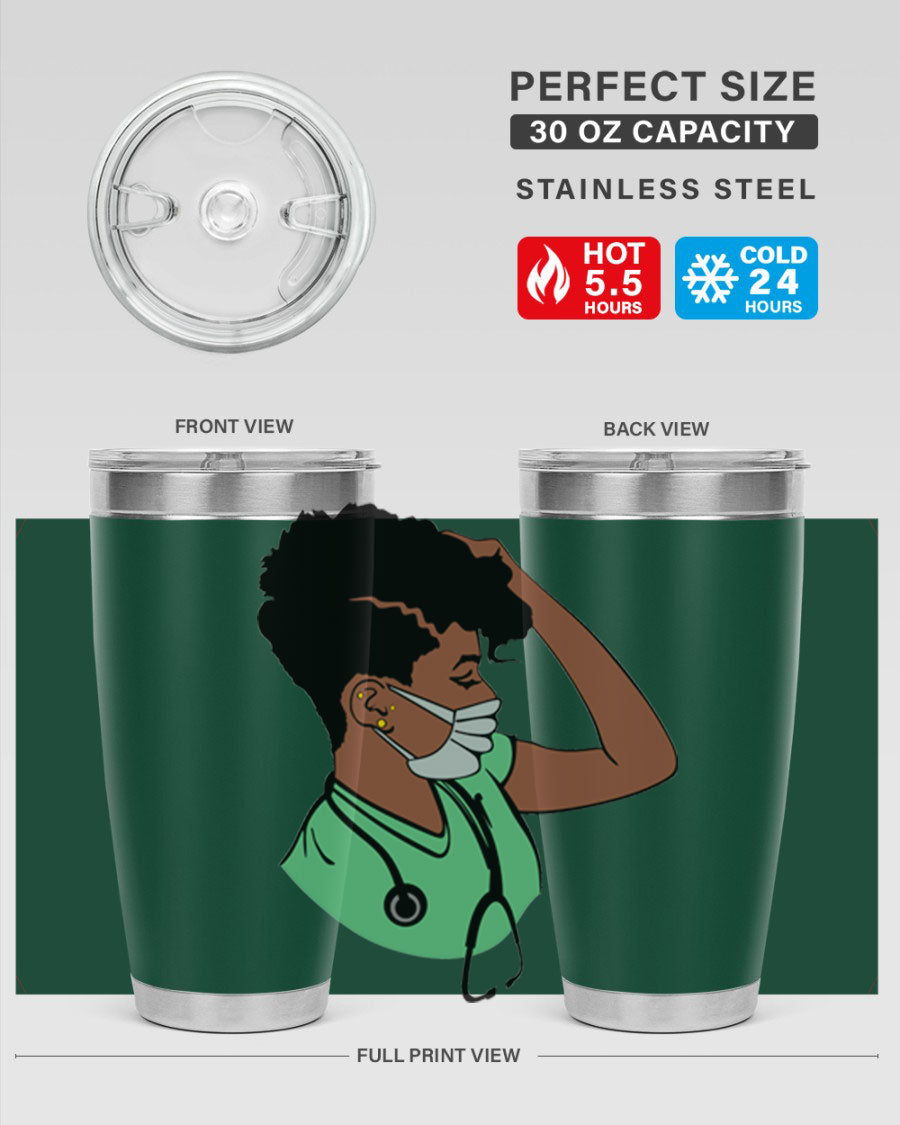 Black Nurse 20oz and 30oz Tumblers made of stainless steel with a stylish design, perfect for keeping beverages hot or cold.