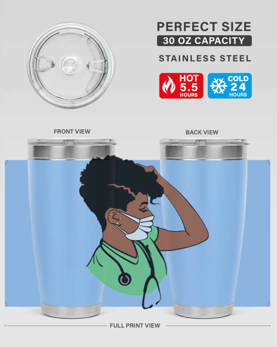 Black Nurse 20oz and 30oz Tumblers made of stainless steel with a stylish design, perfect for keeping beverages hot or cold.