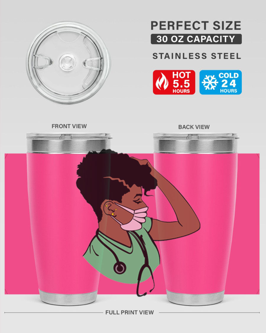 Black Nurse 20oz and 30oz Tumblers made of stainless steel with a stylish design, perfect for keeping beverages hot or cold.