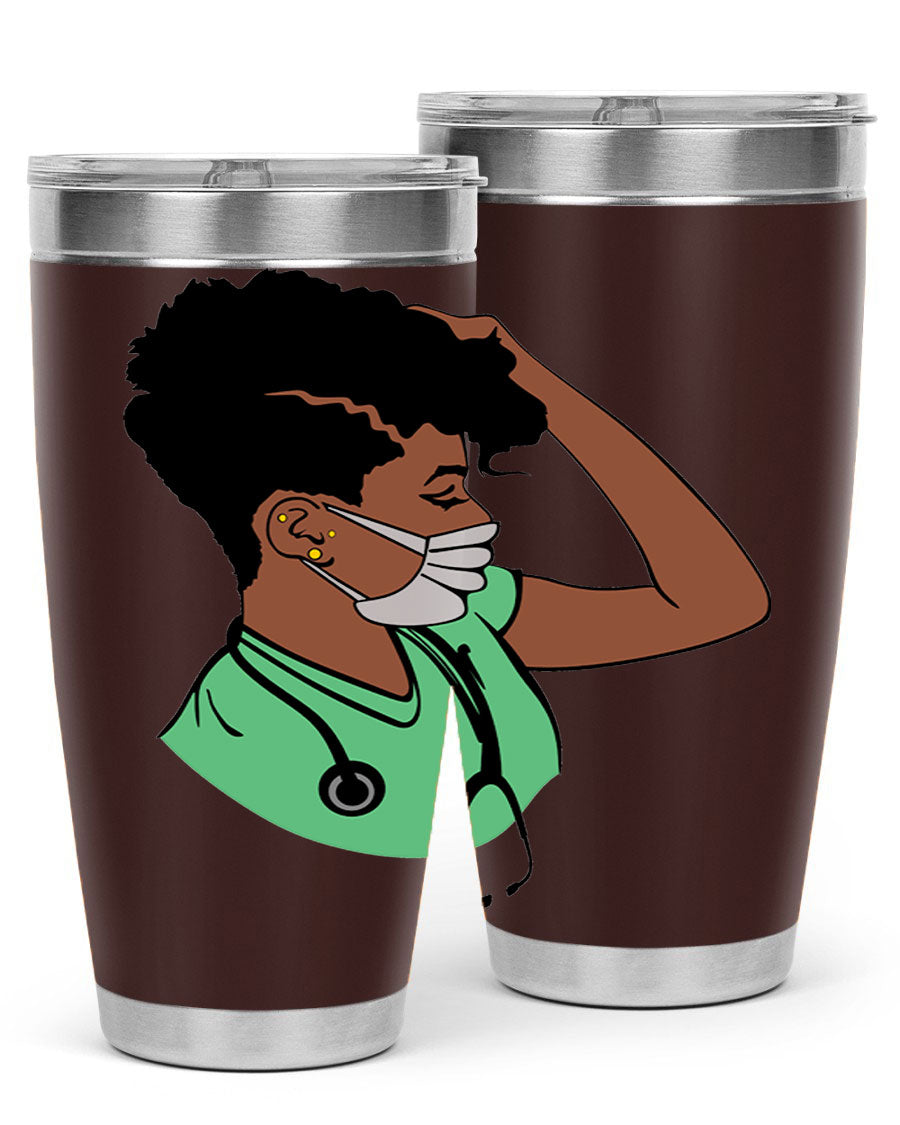 Black Nurse 20oz and 30oz Tumblers made of stainless steel with a stylish design, perfect for keeping beverages hot or cold.