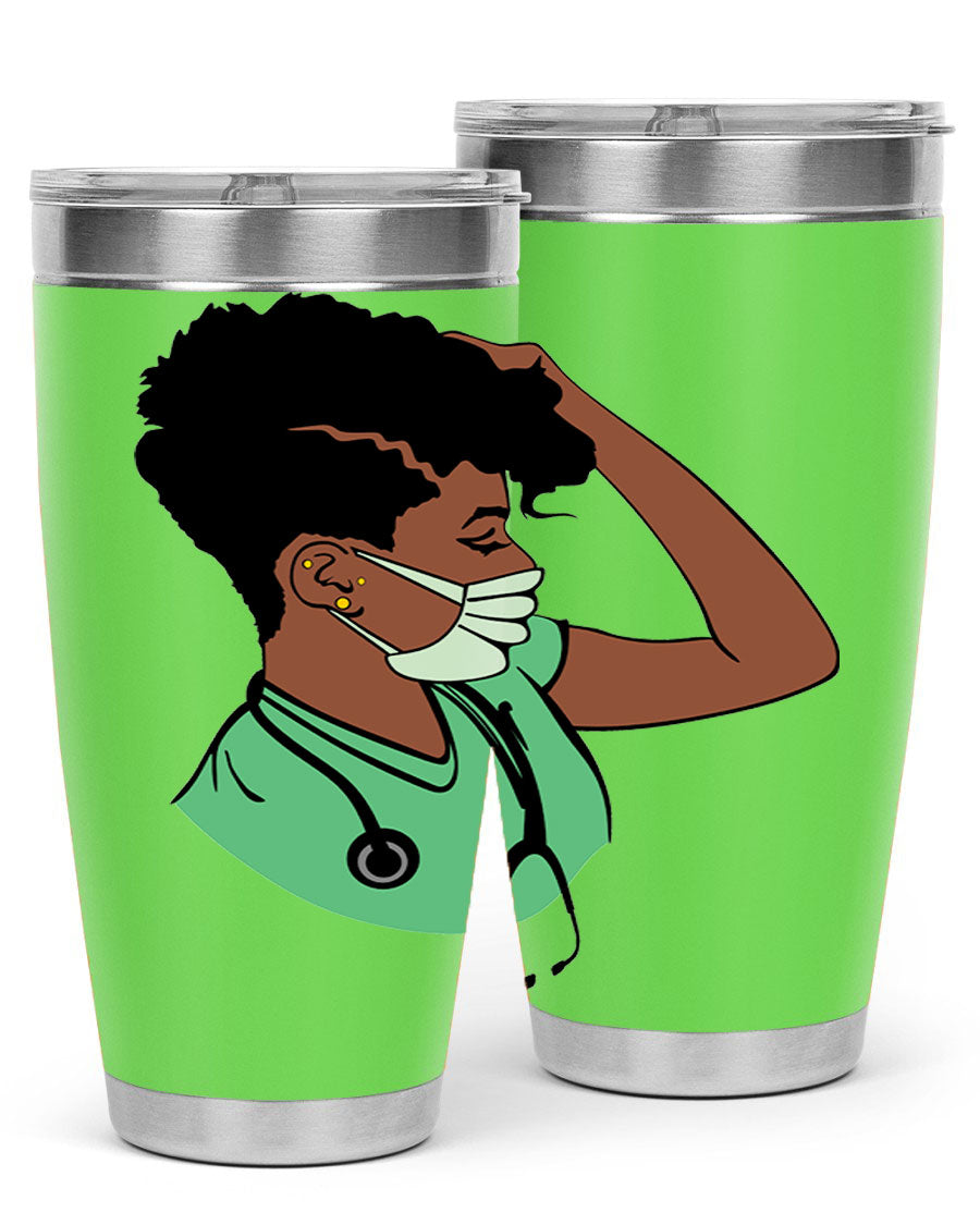 Black Nurse 20oz and 30oz Tumblers made of stainless steel with a stylish design, perfect for keeping beverages hot or cold.