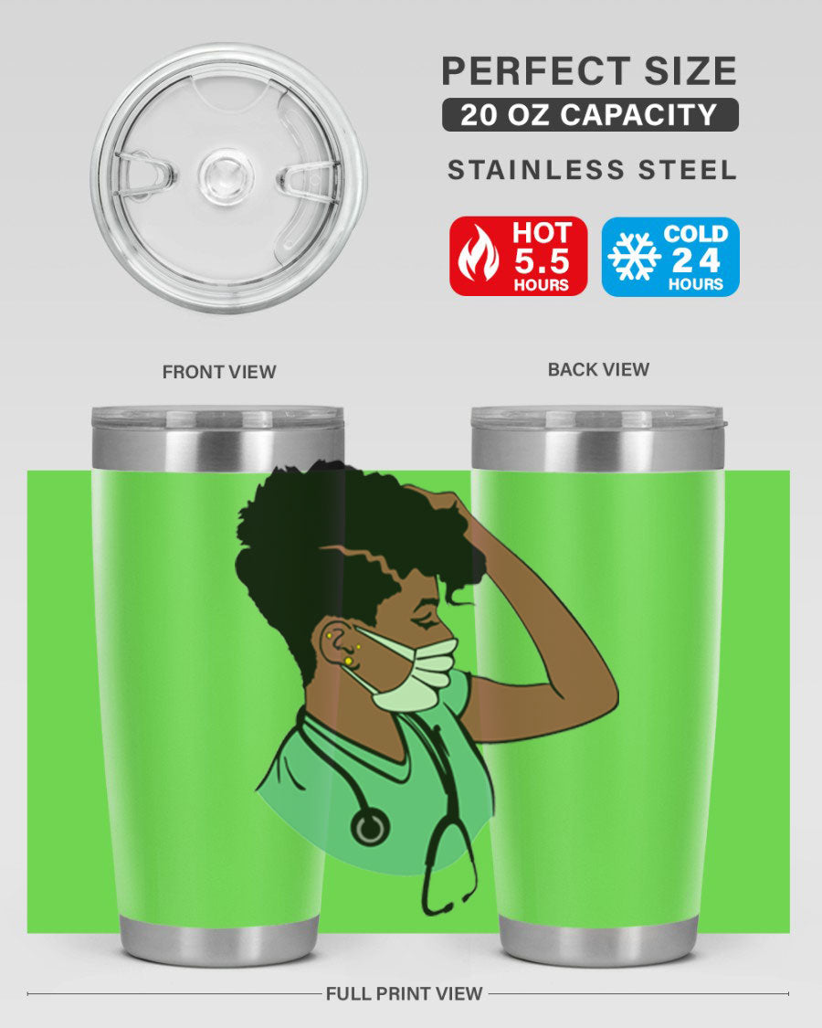 Black Nurse 20oz and 30oz Tumblers made of stainless steel with a stylish design, perfect for keeping beverages hot or cold.