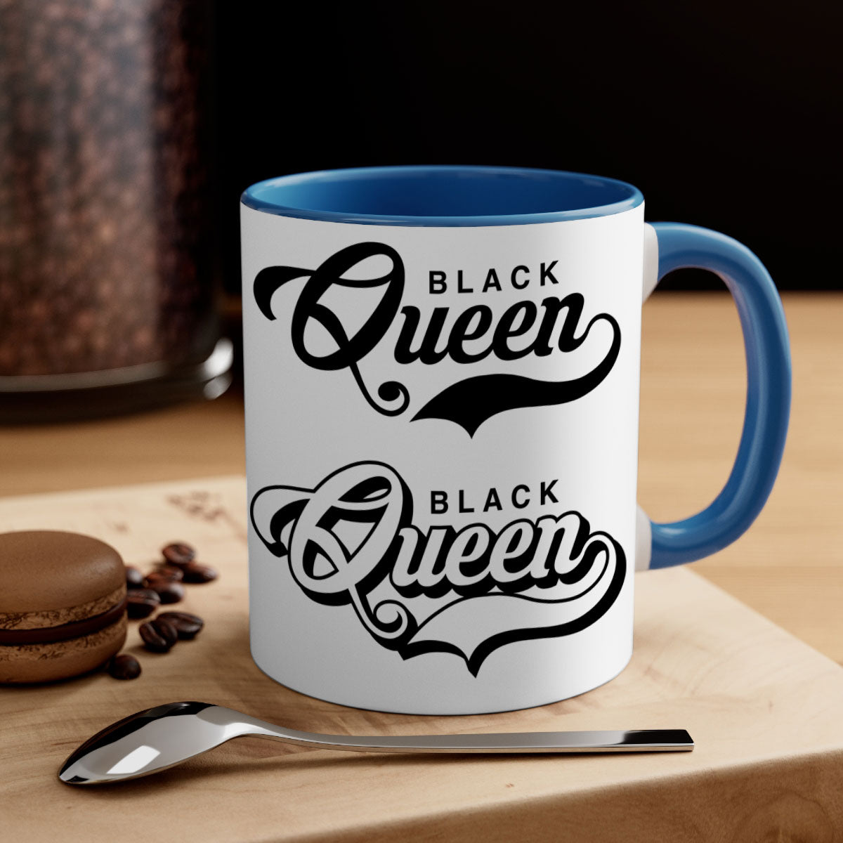 Black Queen 195# Mug featuring a glossy finish with a colored handle and interior, available in multiple colors and sizes.