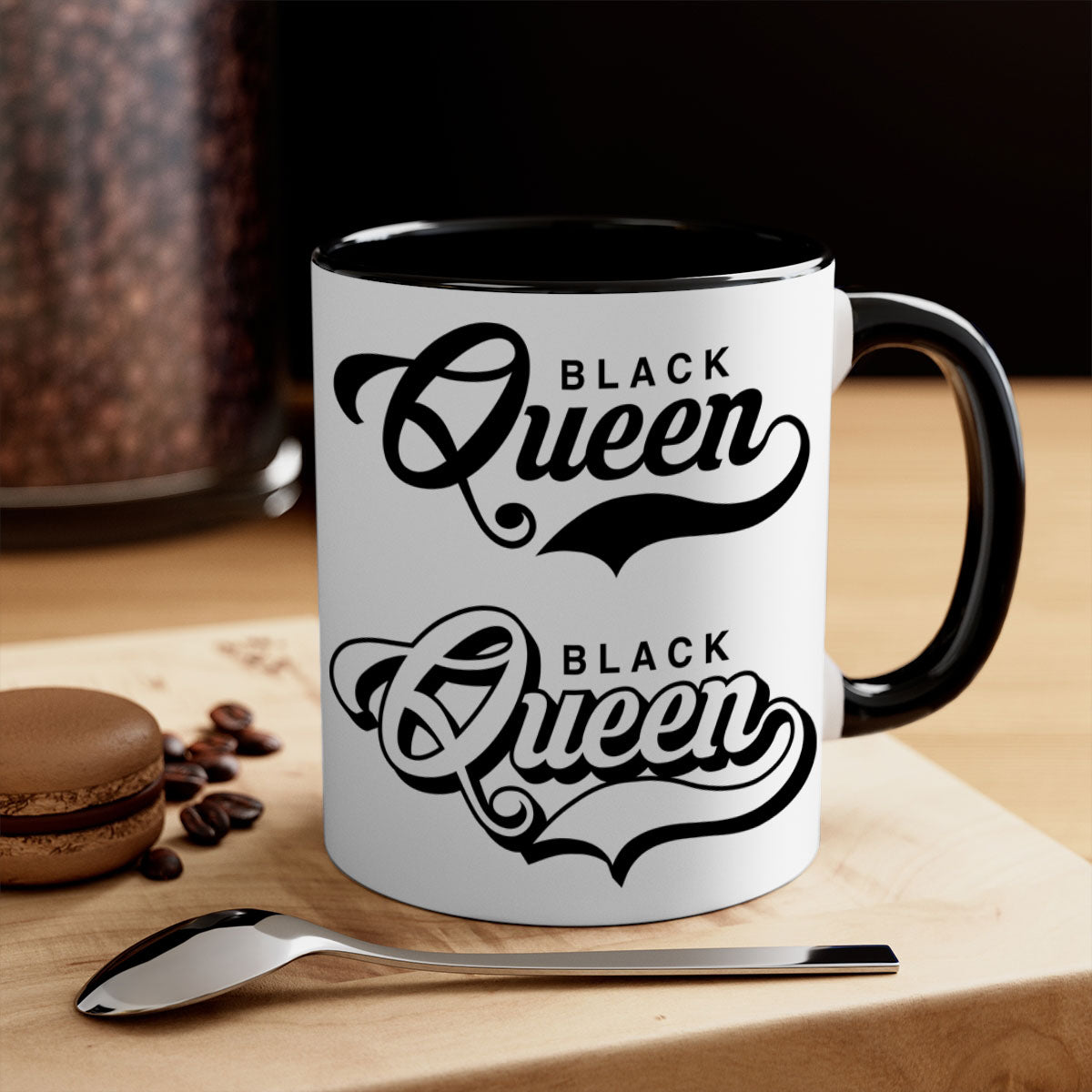 Black Queen 195# Mug featuring a glossy finish with a colored handle and interior, available in multiple colors and sizes.