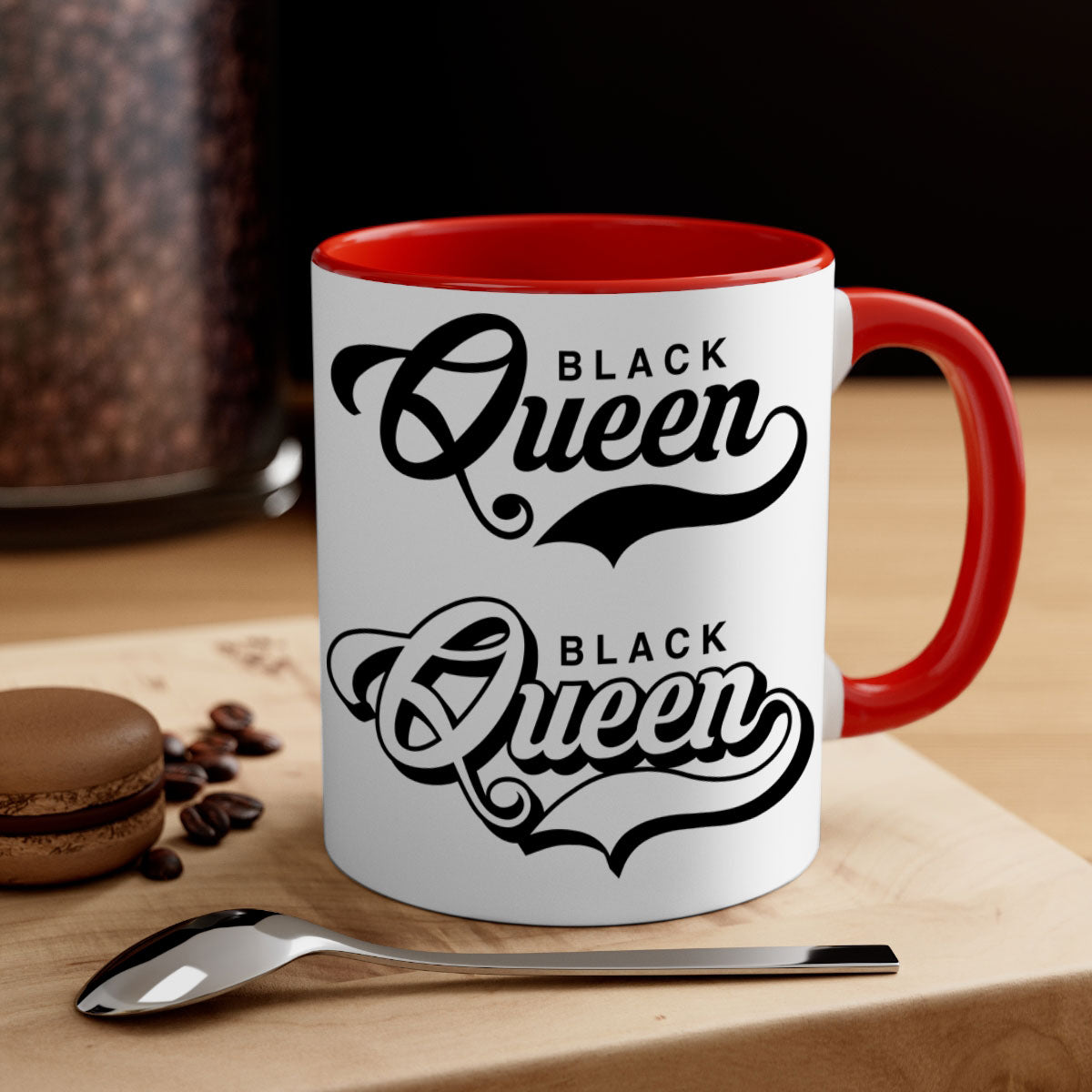 Black Queen 195# Mug featuring a glossy finish with a colored handle and interior, available in multiple colors and sizes.