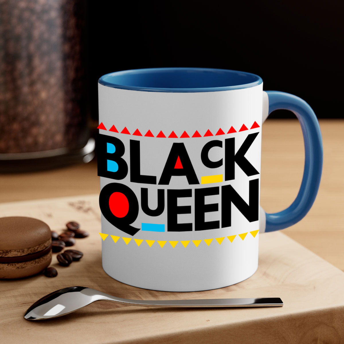 Black Queen 222# Mug with colored handle and glossy finish, available in multiple colors and sizes.