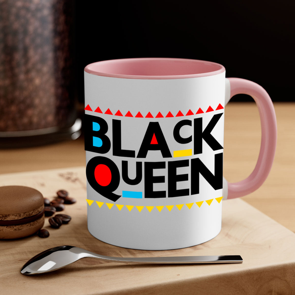 Black Queen 222# Mug with colored handle and glossy finish, available in multiple colors and sizes.