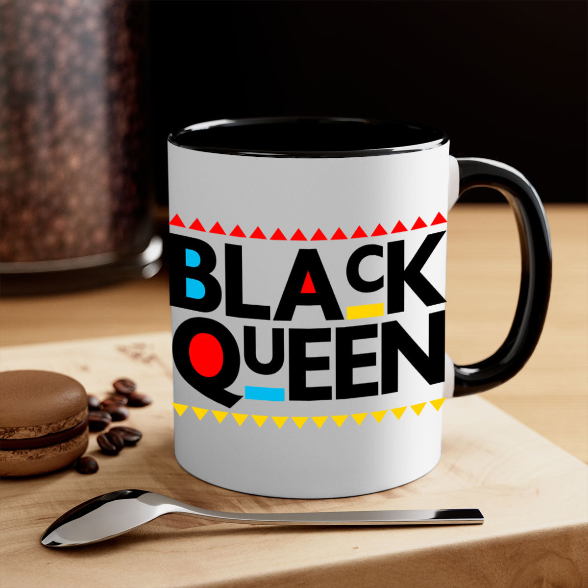 Black Queen 222# Mug with colored handle and glossy finish, available in multiple colors and sizes.