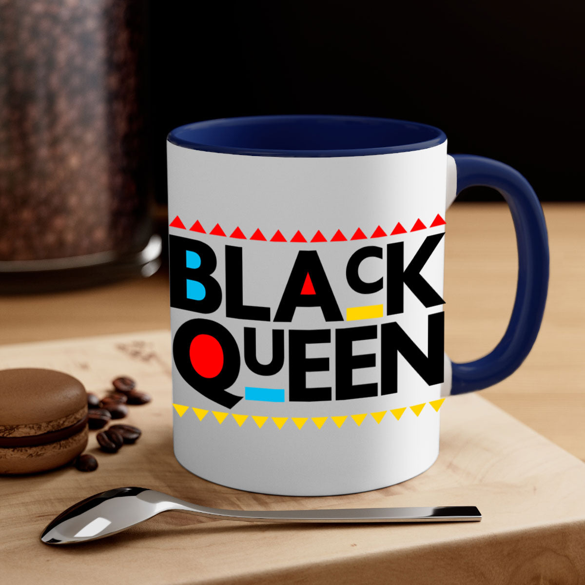 Black Queen 222# Mug with colored handle and glossy finish, available in multiple colors and sizes.