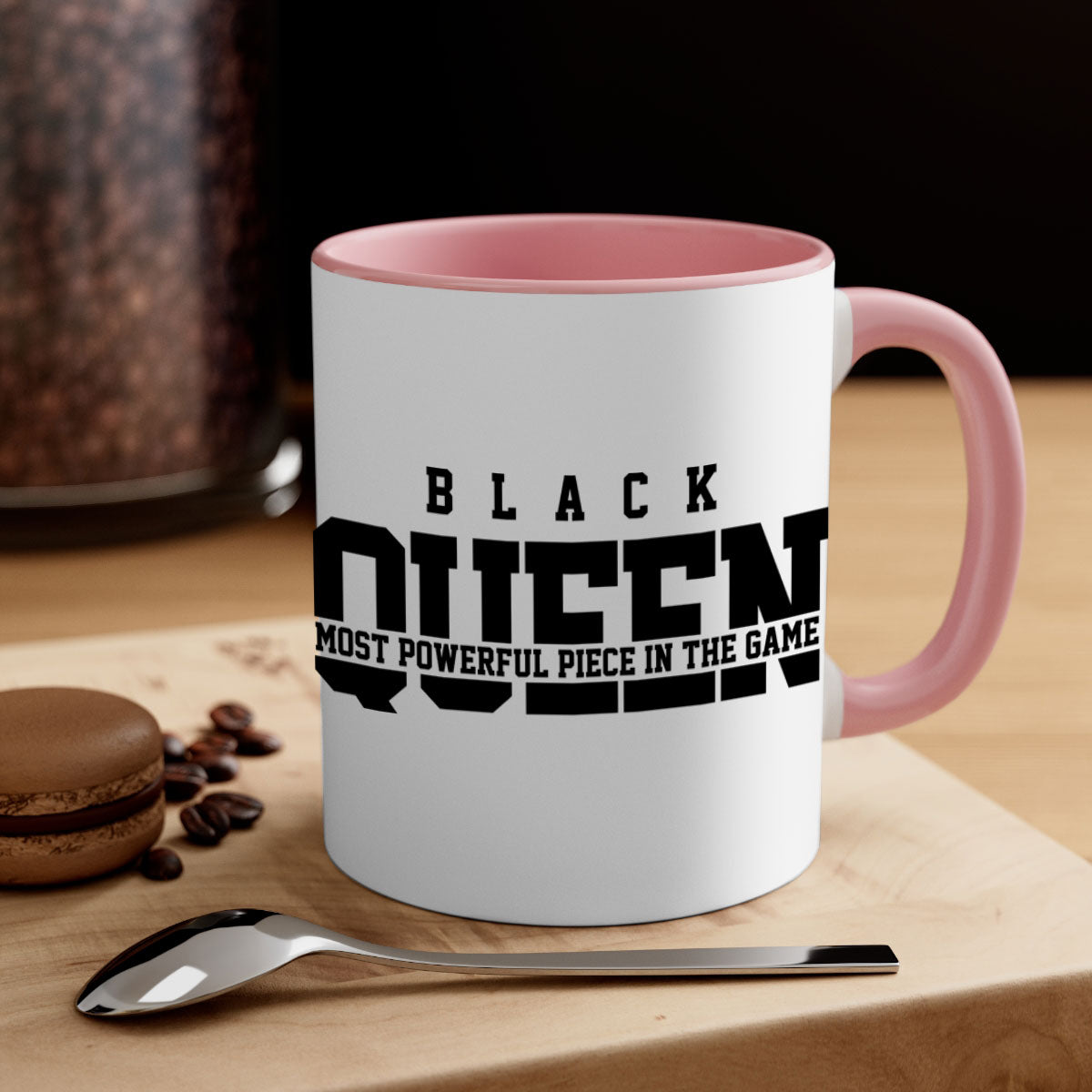 Black Queen 223# Mug with colored handle and glossy finish, available in multiple colors and sizes.