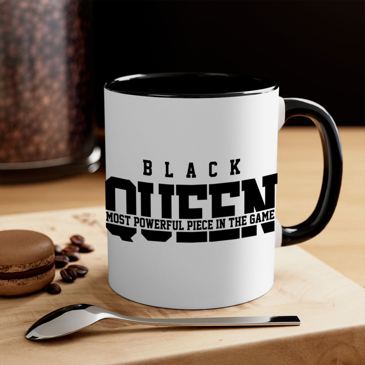 Black Queen 223# Mug with colored handle and glossy finish, available in multiple colors and sizes.