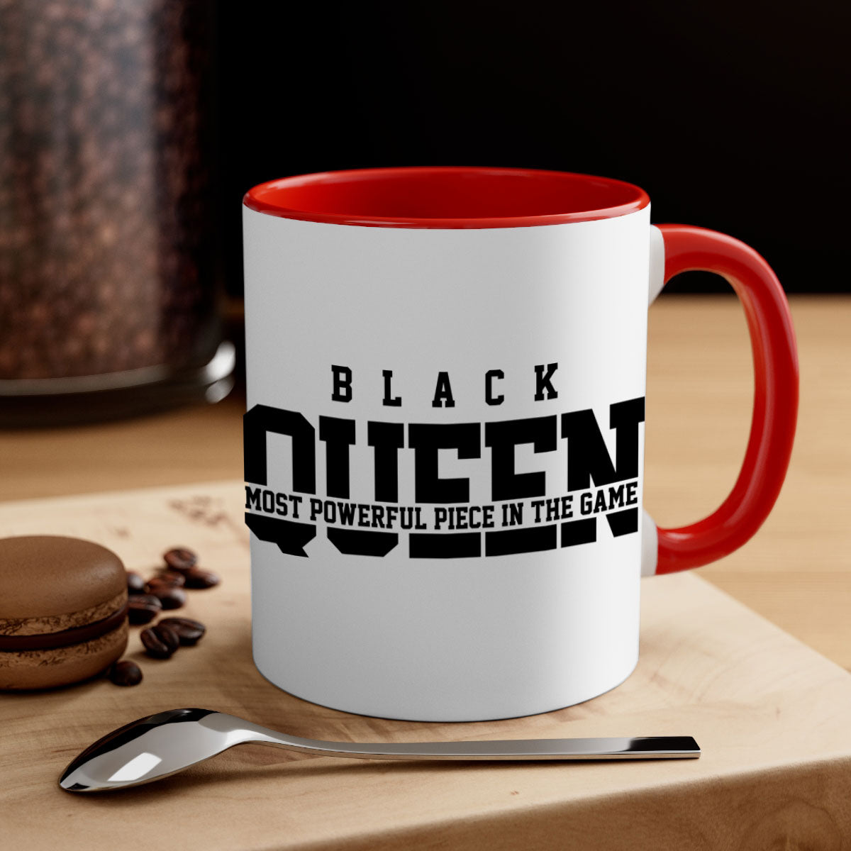 Black Queen 223# Mug with colored handle and glossy finish, available in multiple colors and sizes.