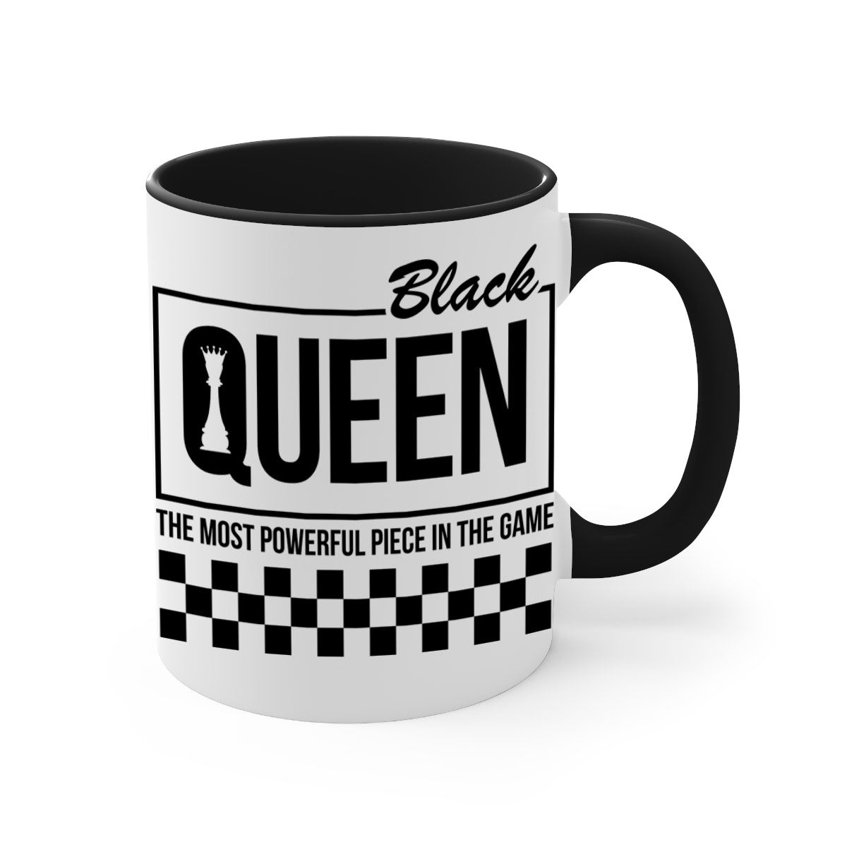 Black queen chess checkered mug with glossy finish and colored handle, available in multiple sizes.