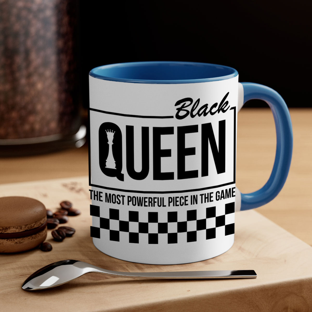 Black queen chess checkered mug with glossy finish and colored handle, available in multiple sizes.