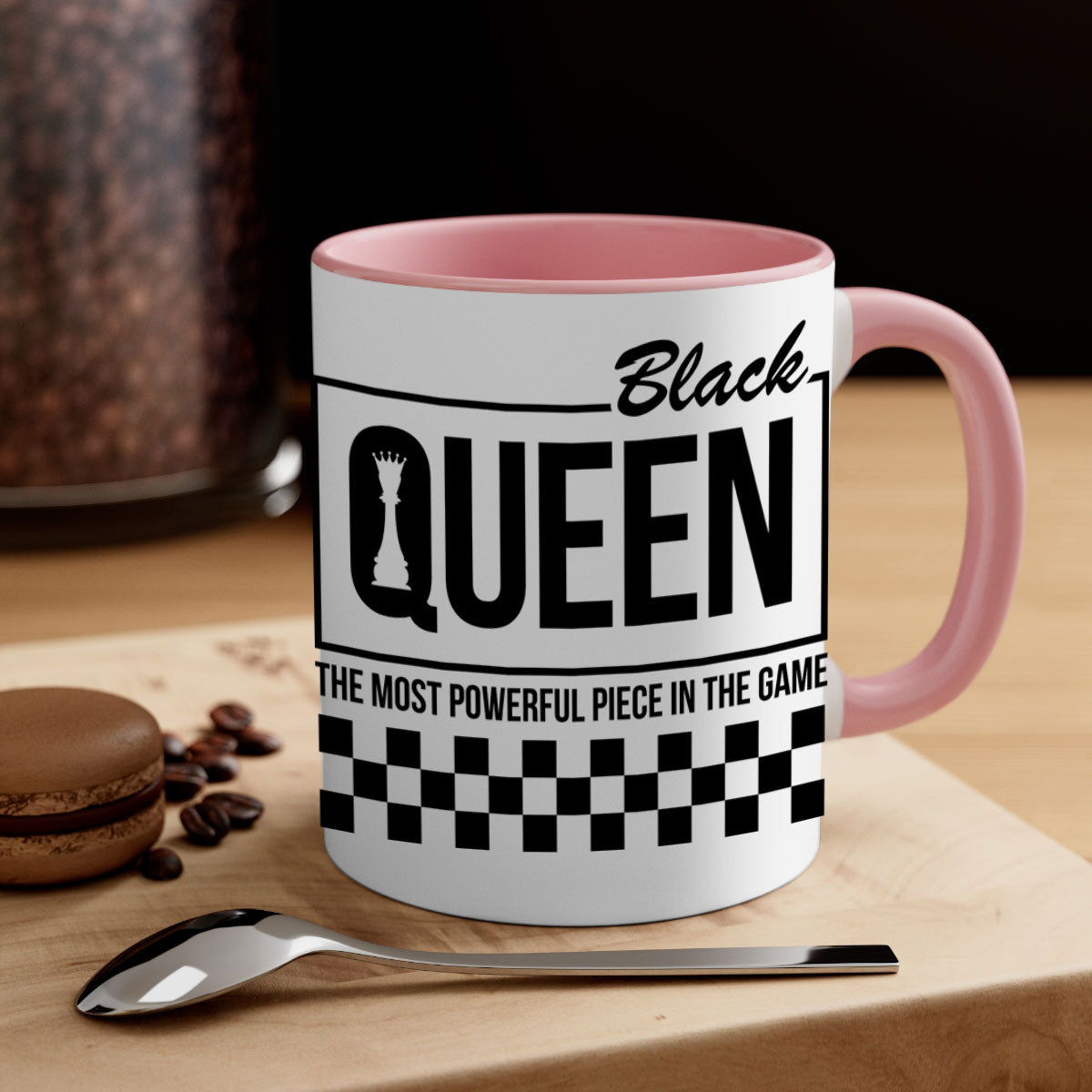 Black queen chess checkered mug with glossy finish and colored handle, available in multiple sizes.