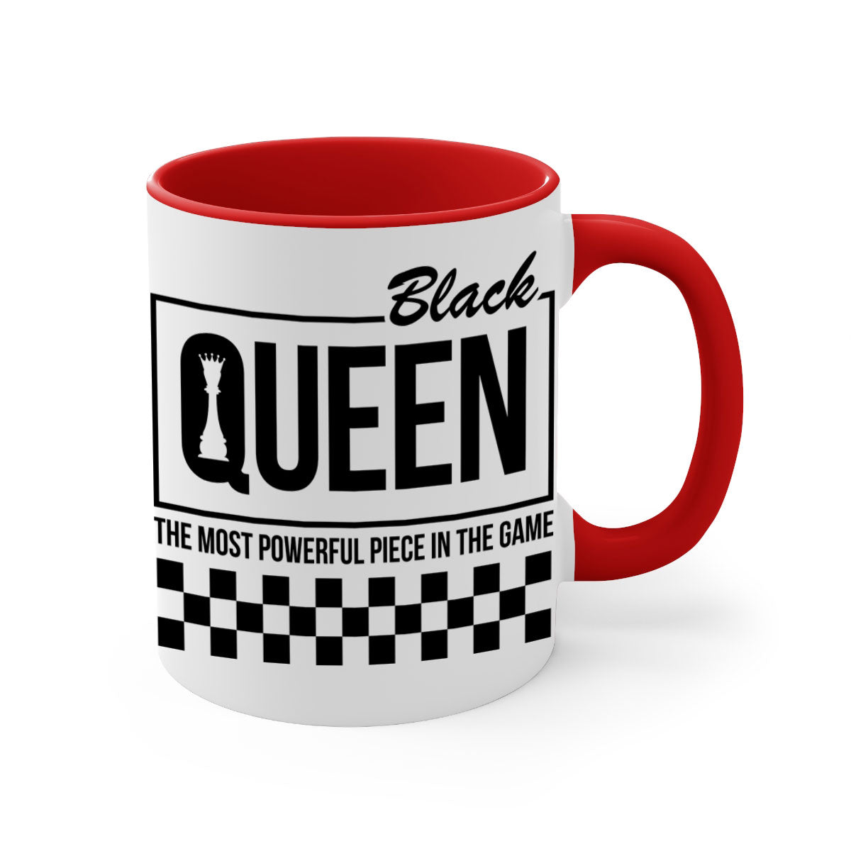 Black queen chess checkered mug with glossy finish and colored handle, available in multiple sizes.