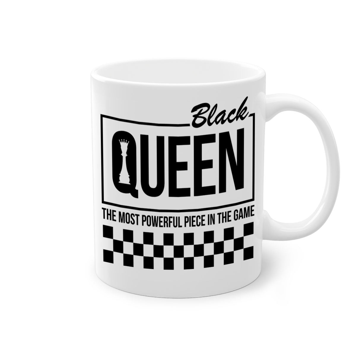 Black queen chess checkered mug with glossy finish and colored handle, available in multiple sizes.