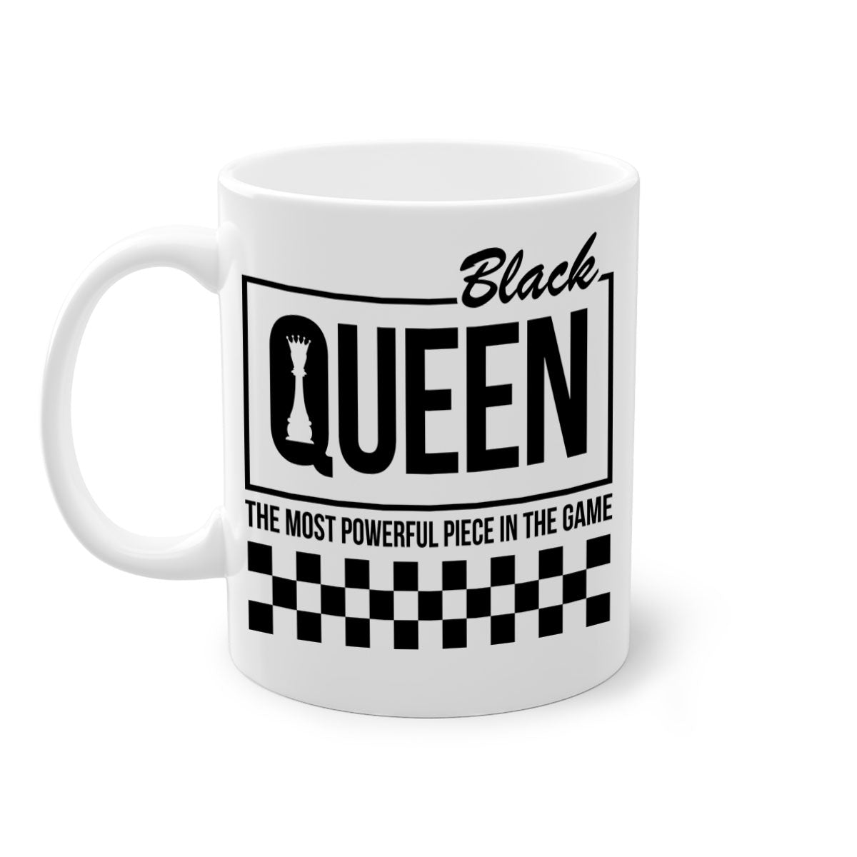 Black queen chess checkered mug with glossy finish and colored handle, available in multiple sizes.