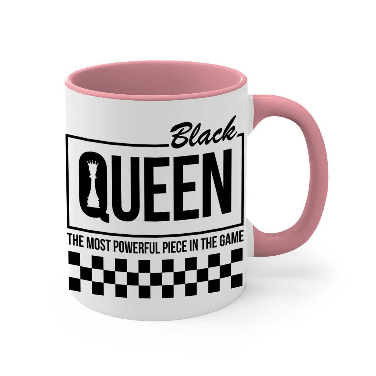 Black queen chess checkered mug with glossy finish and colored handle, available in multiple sizes.