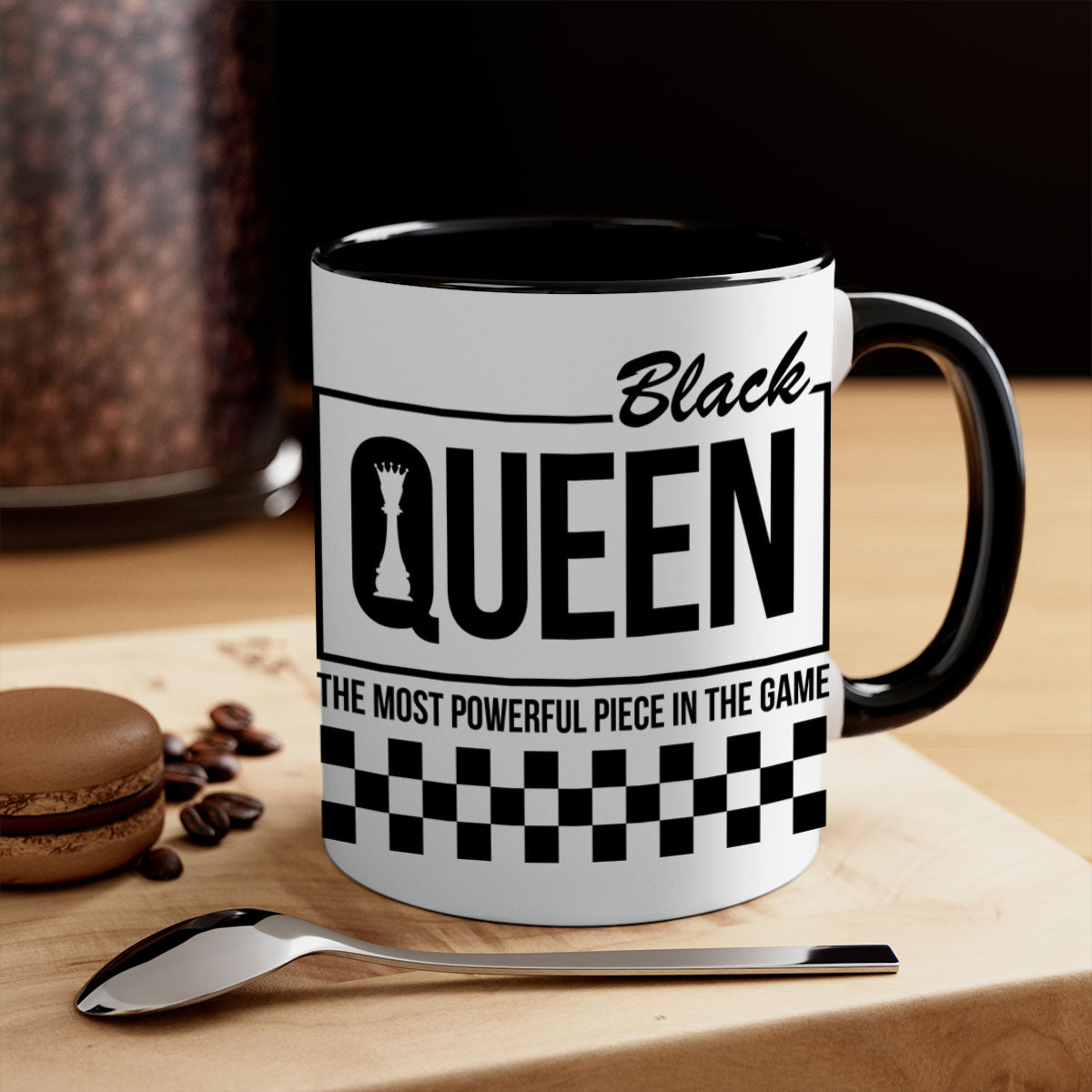 Black queen chess checkered mug with glossy finish and colored handle, available in multiple sizes.