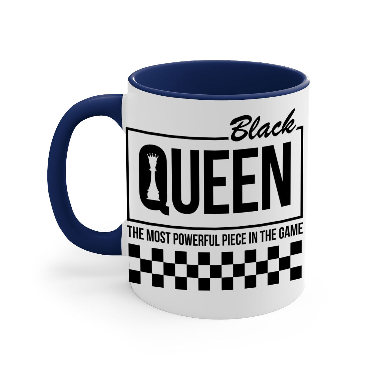 Black queen chess checkered mug with glossy finish and colored handle, available in multiple sizes.