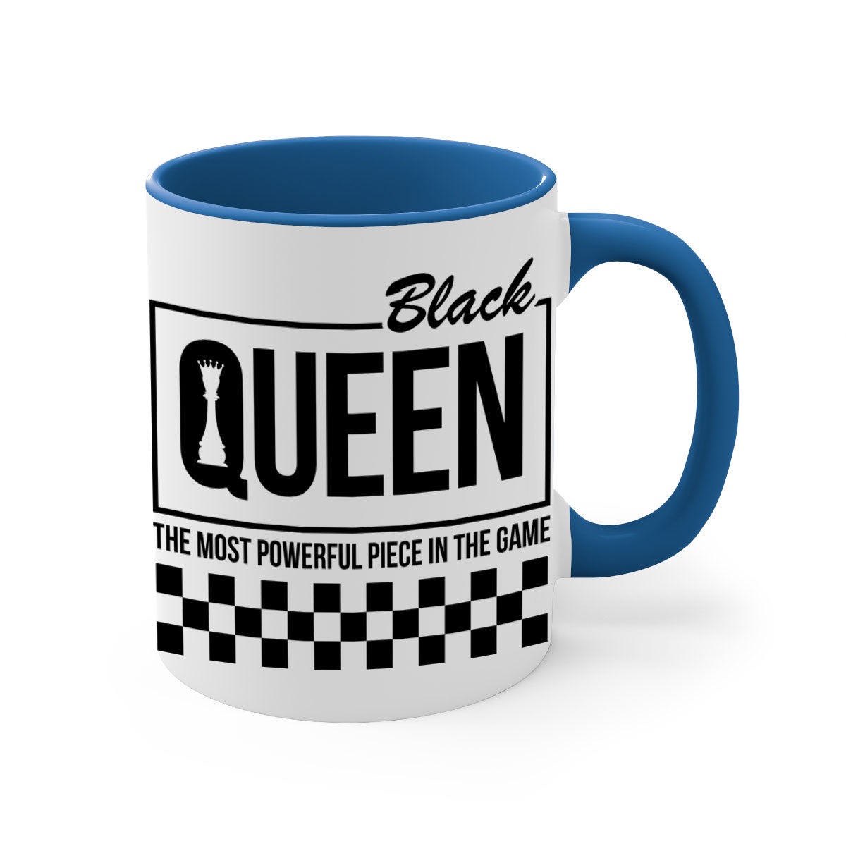 Black queen chess checkered mug with glossy finish and colored handle, available in multiple sizes.