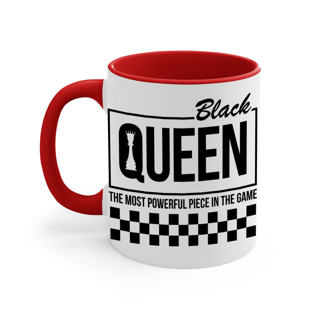 Black queen chess checkered mug with glossy finish and colored handle, available in multiple sizes.