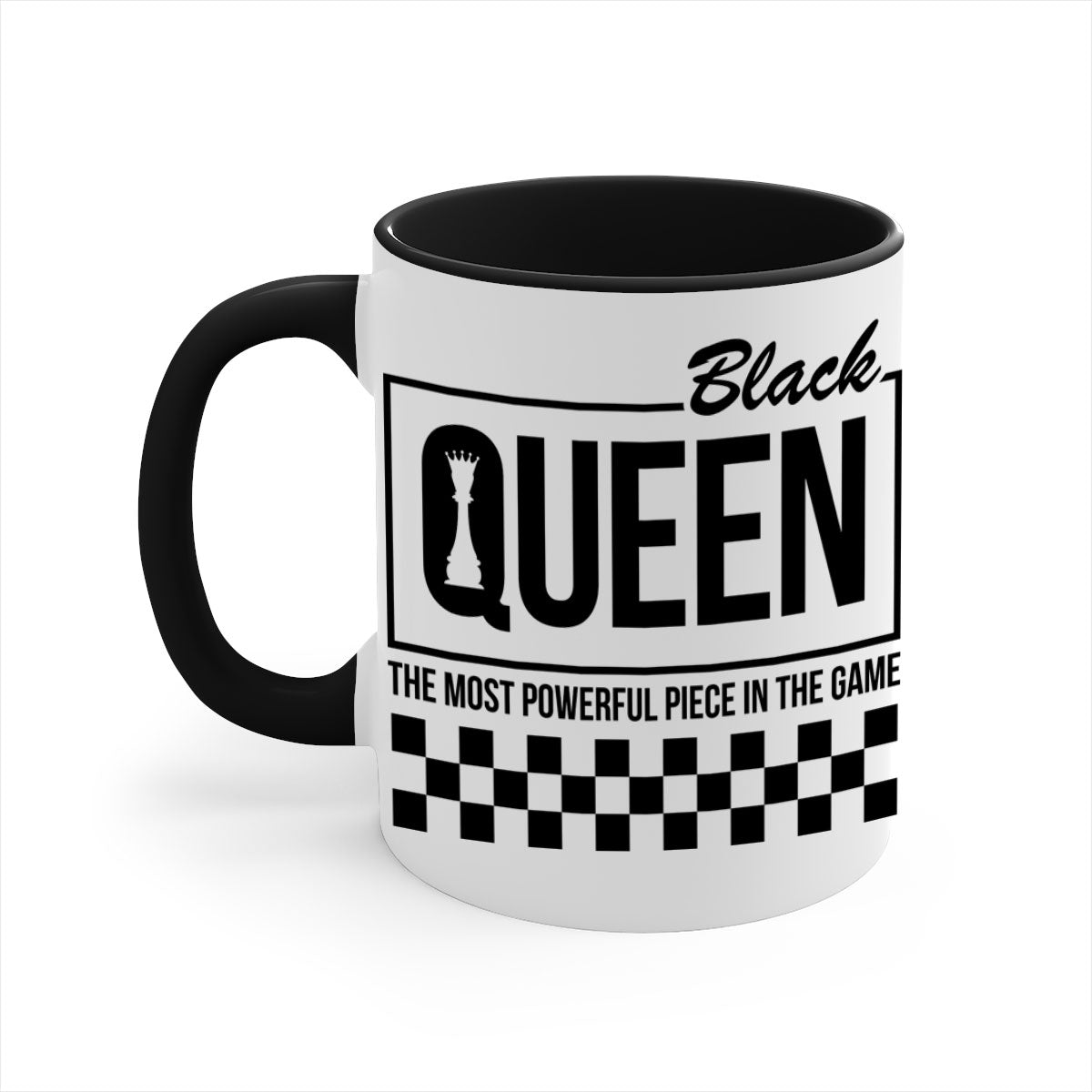 Black queen chess checkered mug with glossy finish and colored handle, available in multiple sizes.