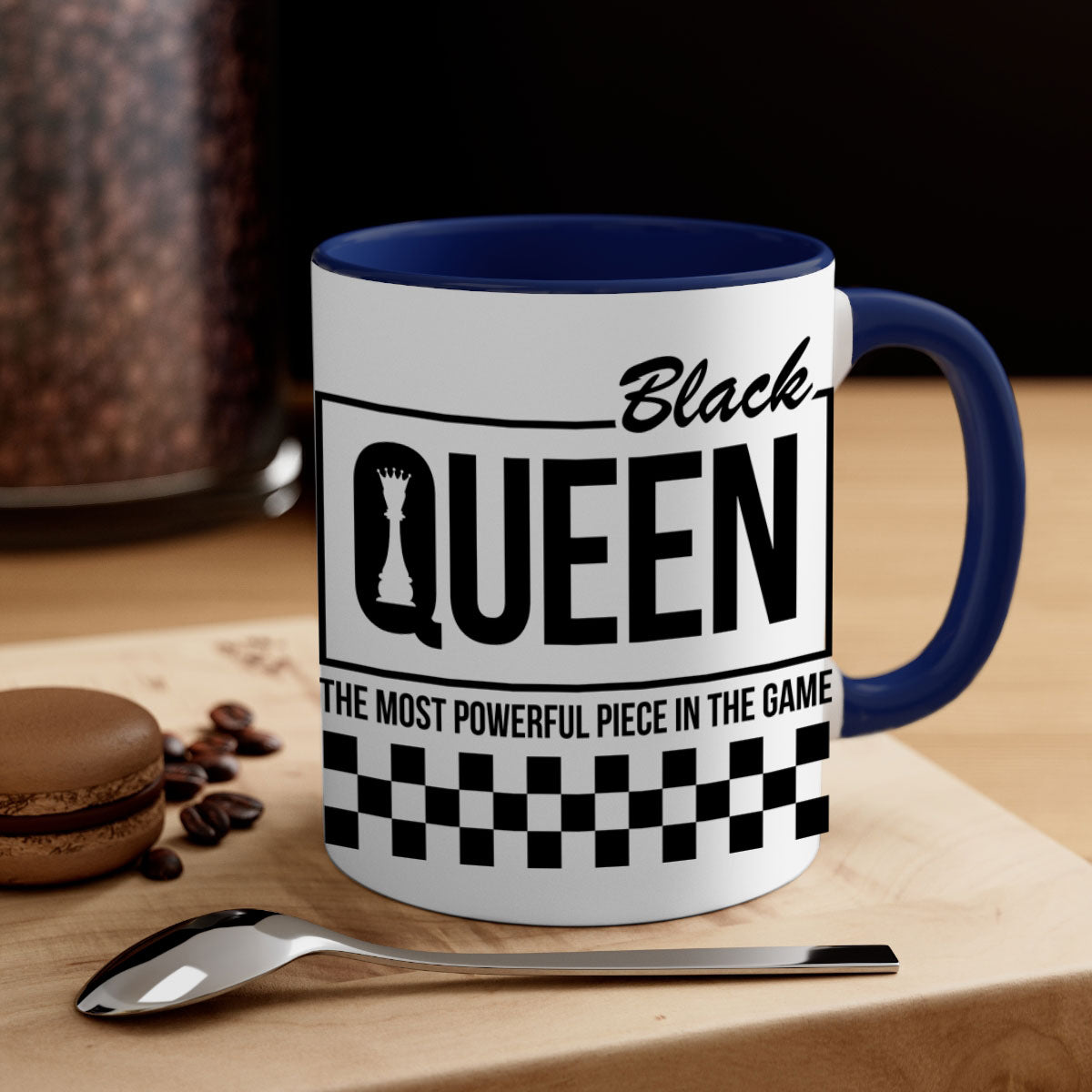 Black queen chess checkered mug with glossy finish and colored handle, available in multiple sizes.