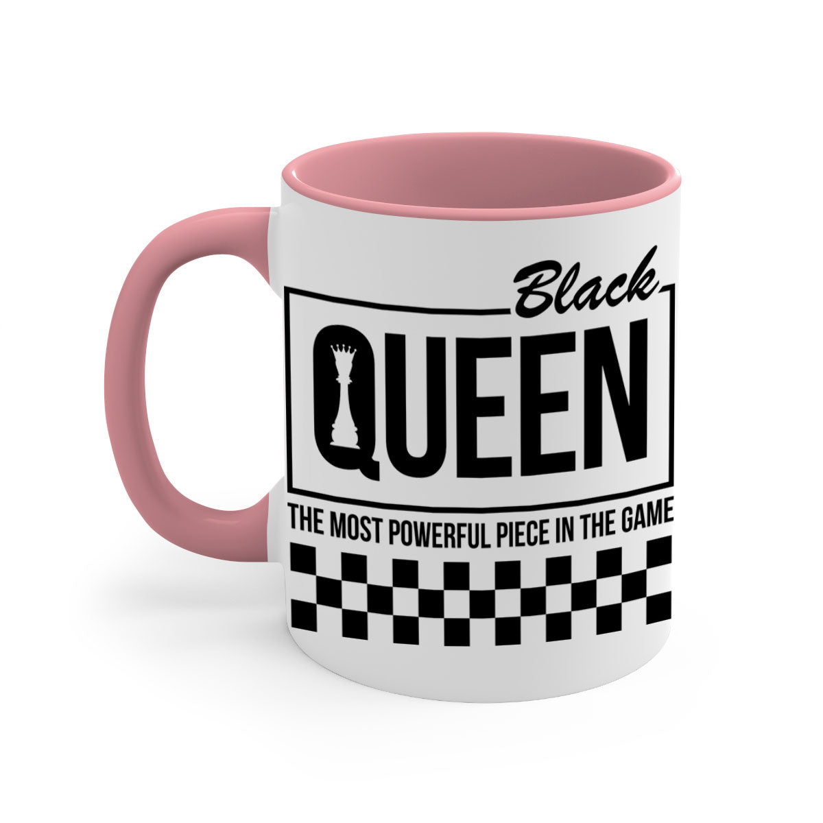 Black queen chess checkered mug with glossy finish and colored handle, available in multiple sizes.