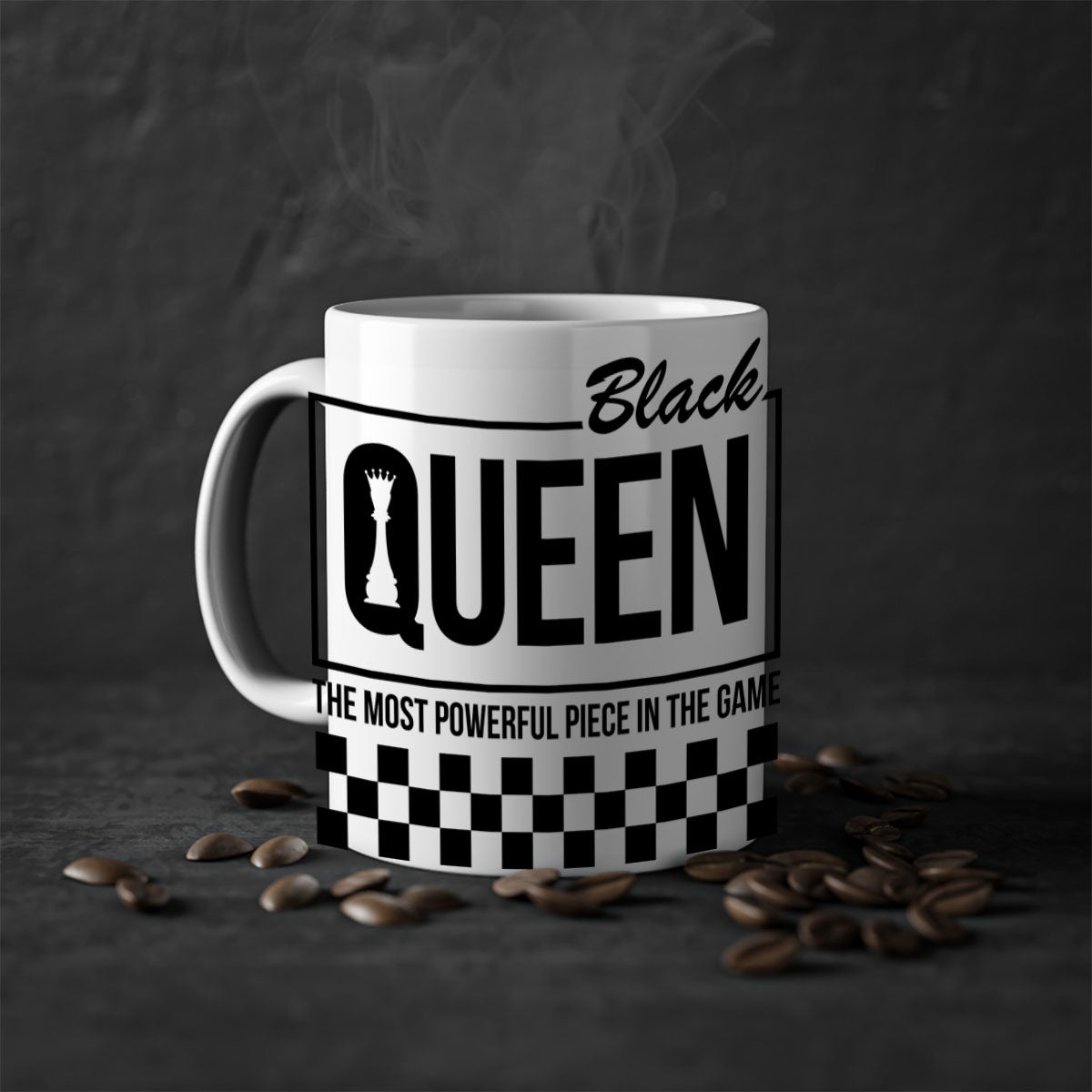 Black queen chess checkered mug with glossy finish and colored handle, available in multiple sizes.