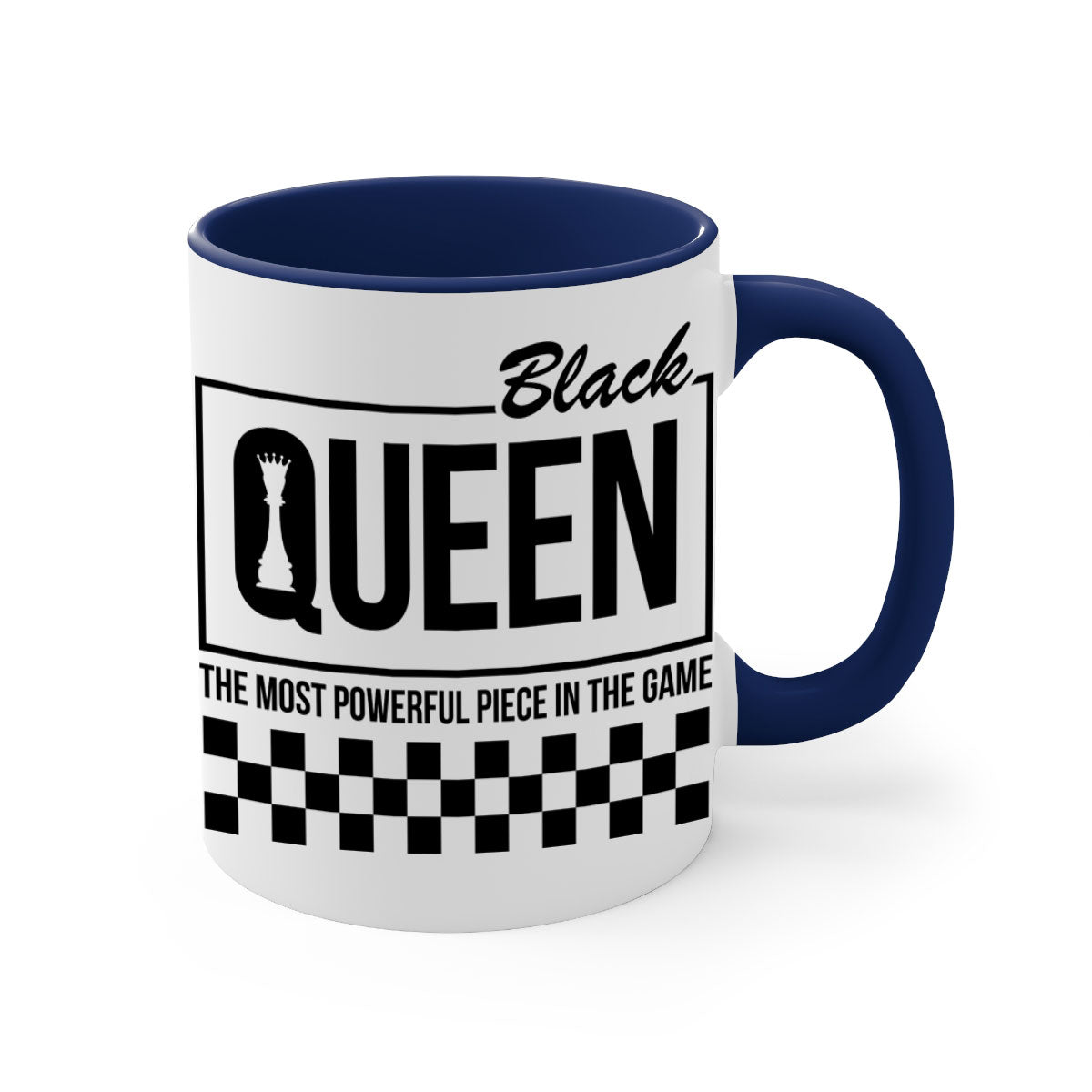 Black queen chess checkered mug with glossy finish and colored handle, available in multiple sizes.