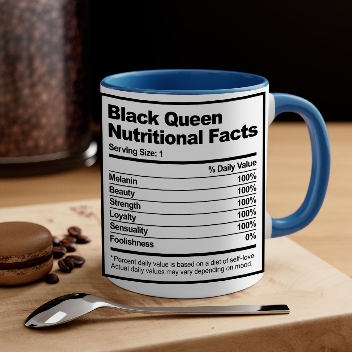 Black Queen Nutritional Facts Mug with glossy finish and colored handle, available in multiple colors and sizes.