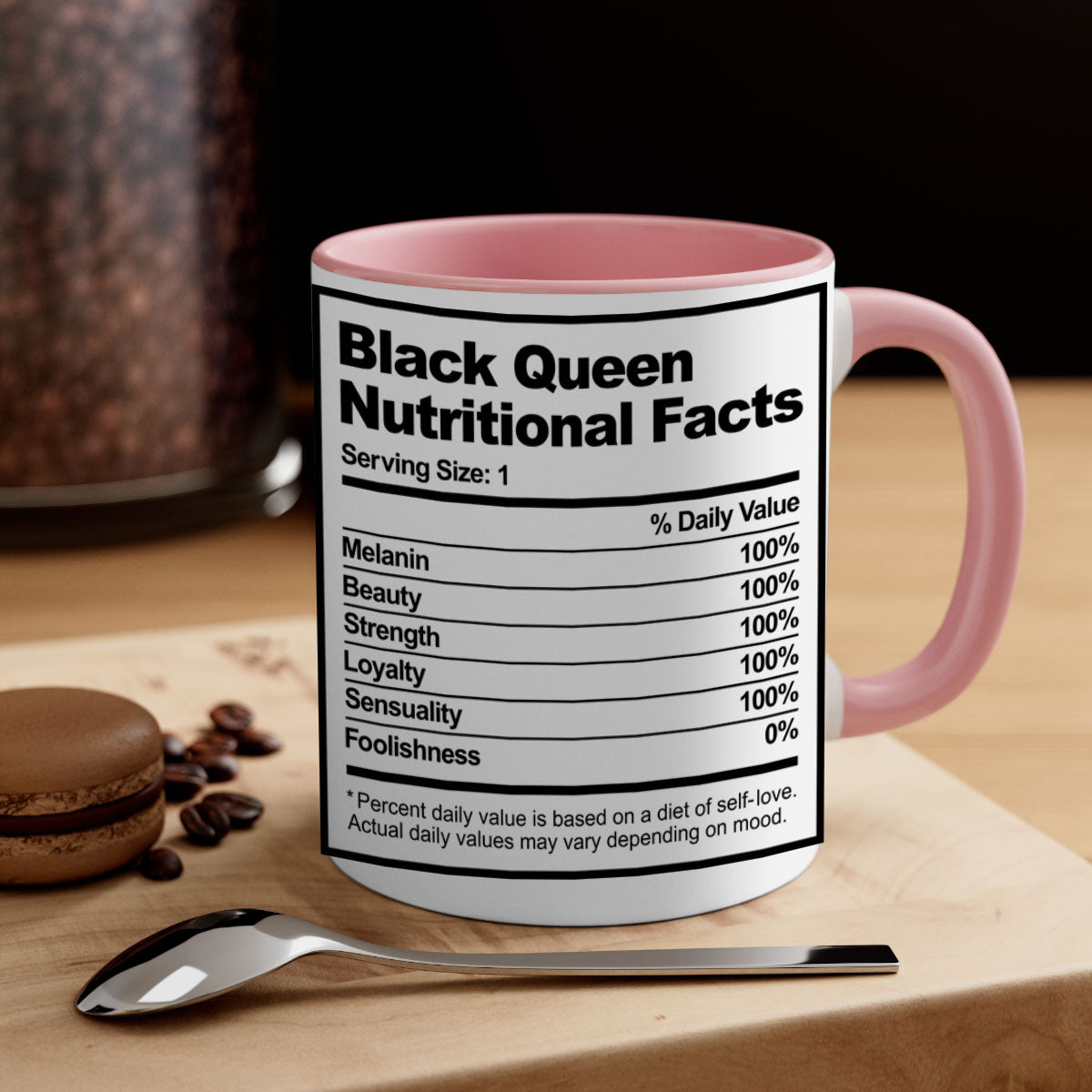 Black Queen Nutritional Facts Mug with glossy finish and colored handle, available in multiple colors and sizes.