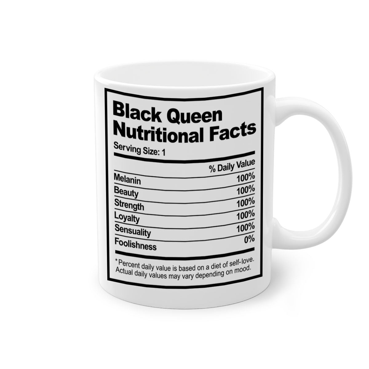 Black Queen Nutritional Facts Mug with glossy finish and colored handle, available in multiple colors and sizes.