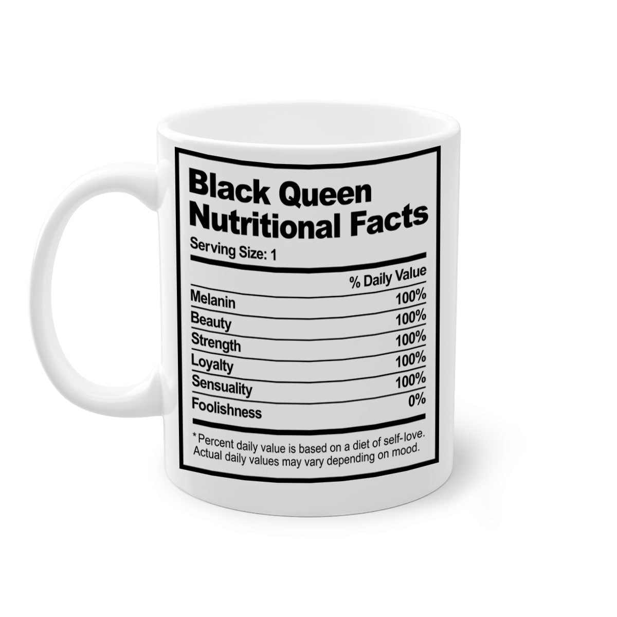 Black Queen Nutritional Facts Mug with glossy finish and colored handle, available in multiple colors and sizes.