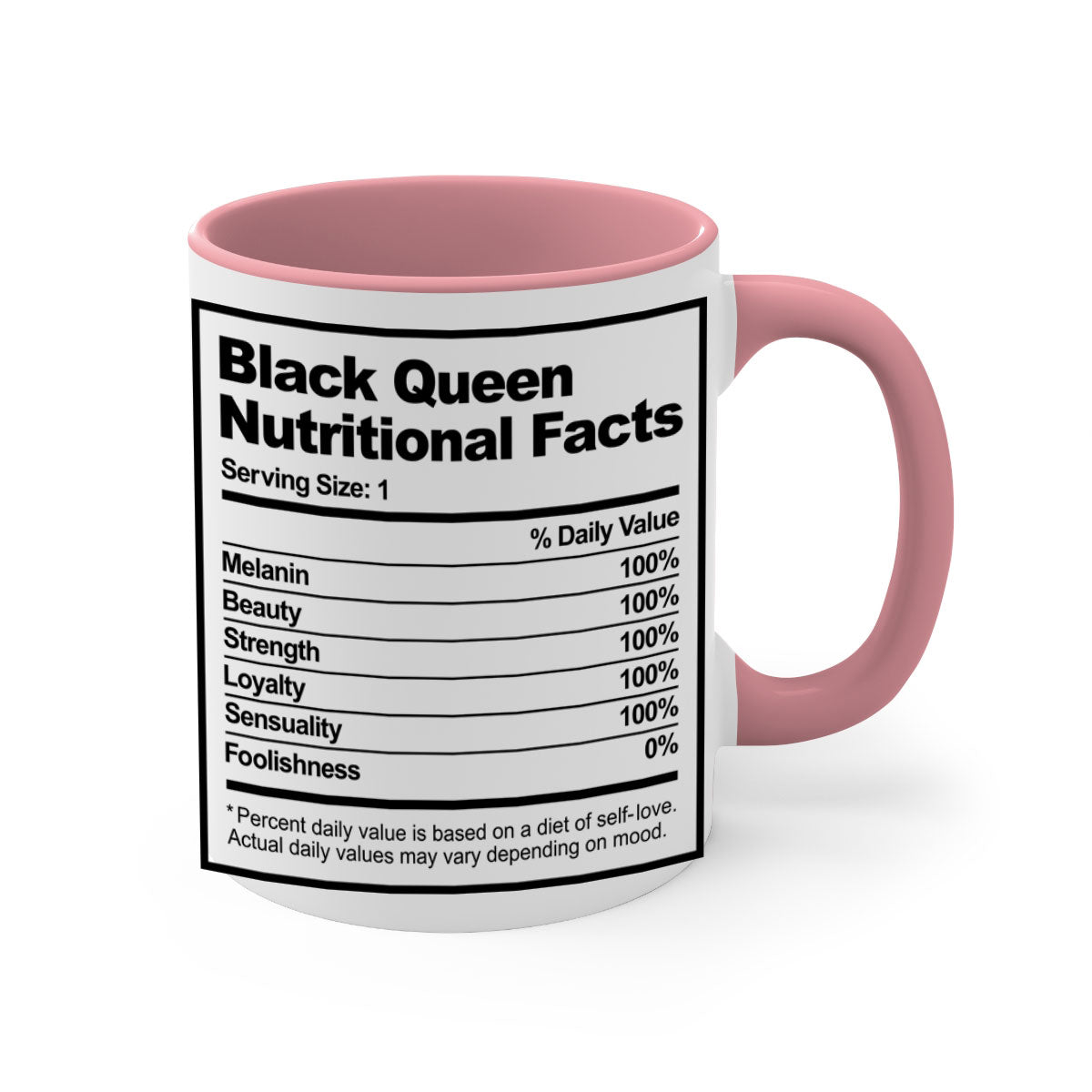 Black Queen Nutritional Facts Mug with glossy finish and colored handle, available in multiple colors and sizes.