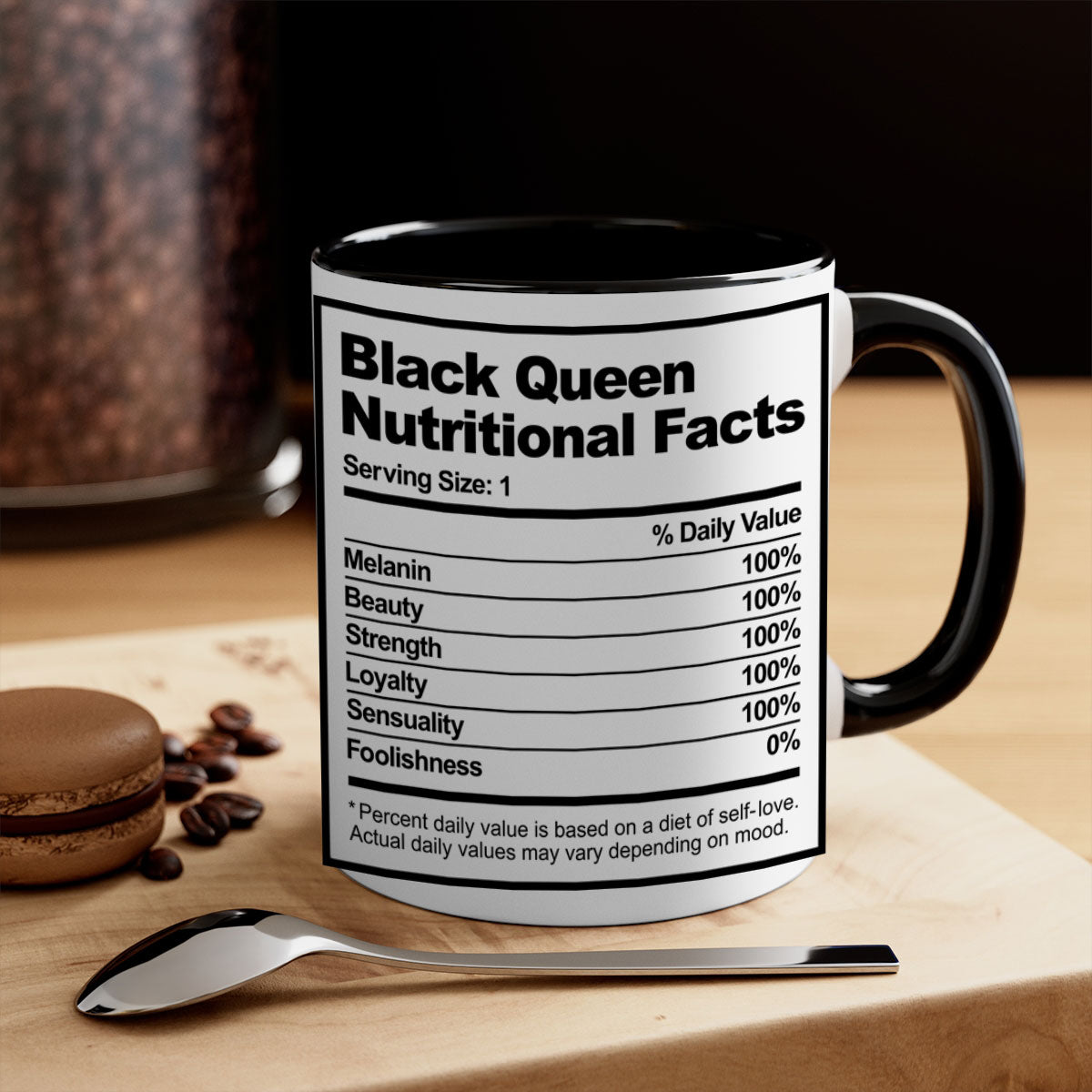 Black Queen Nutritional Facts Mug with glossy finish and colored handle, available in multiple colors and sizes.