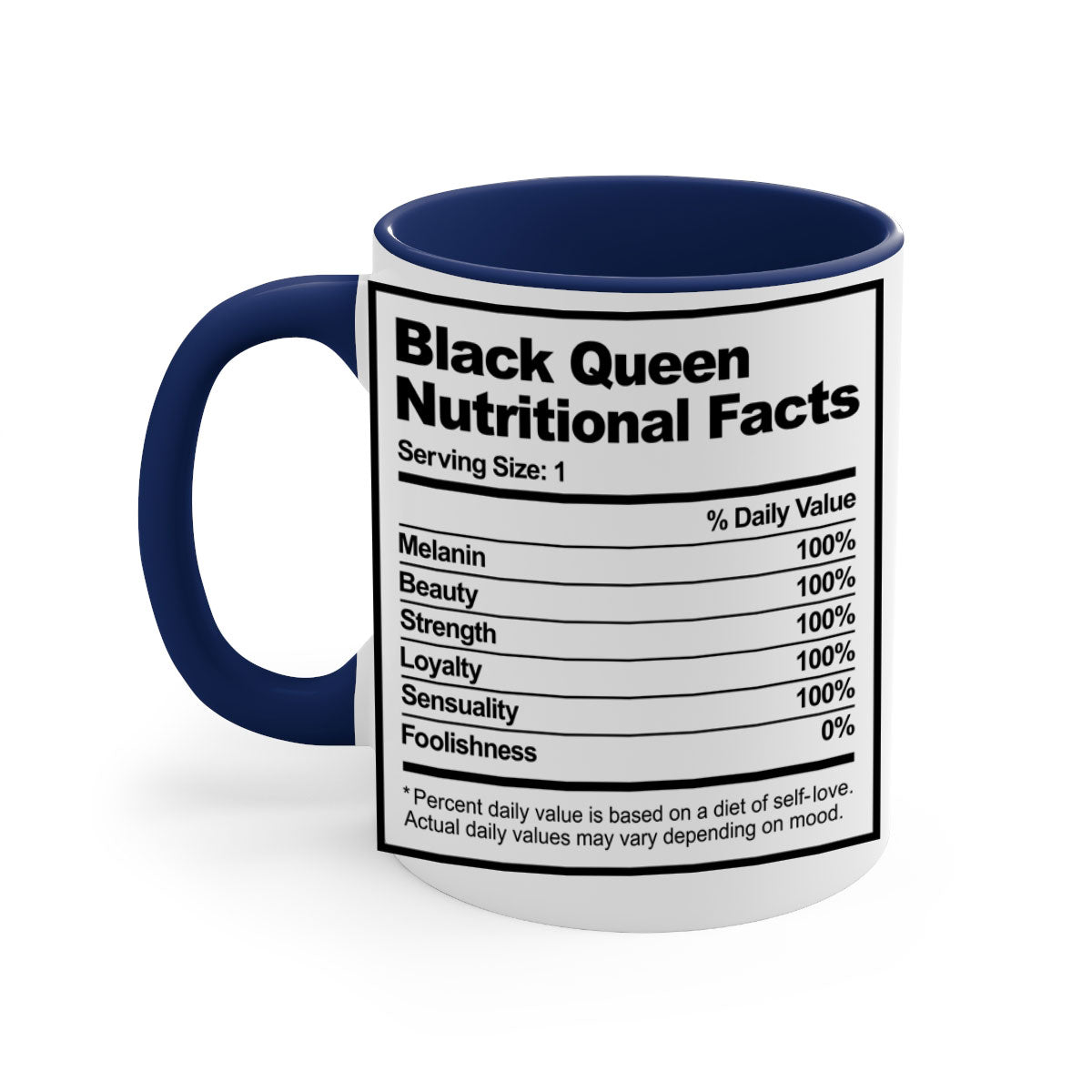 Black Queen Nutritional Facts Mug with glossy finish and colored handle, available in multiple colors and sizes.