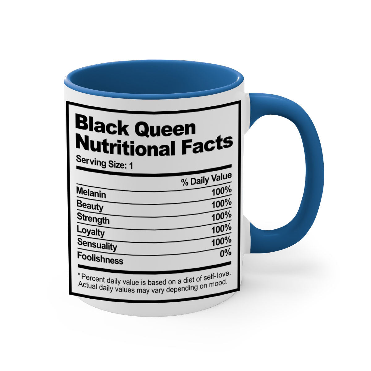 Black Queen Nutritional Facts Mug with glossy finish and colored handle, available in multiple colors and sizes.