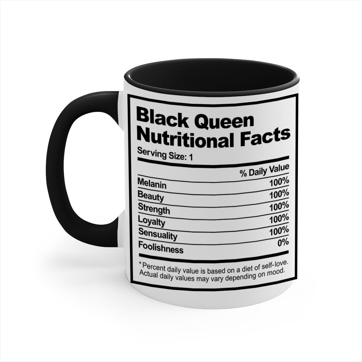 Black Queen Nutritional Facts Mug with glossy finish and colored handle, available in multiple colors and sizes.