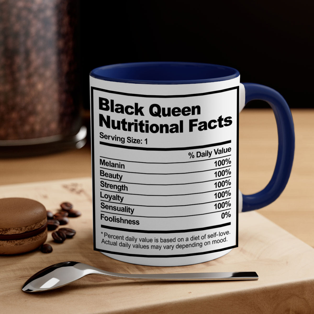 Black Queen Nutritional Facts Mug with glossy finish and colored handle, available in multiple colors and sizes.