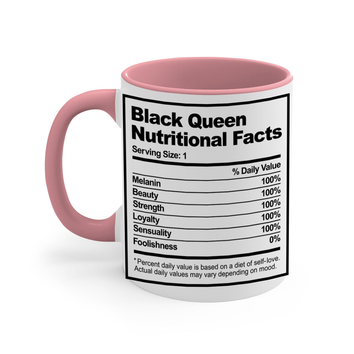 Black Queen Nutritional Facts Mug with glossy finish and colored handle, available in multiple colors and sizes.