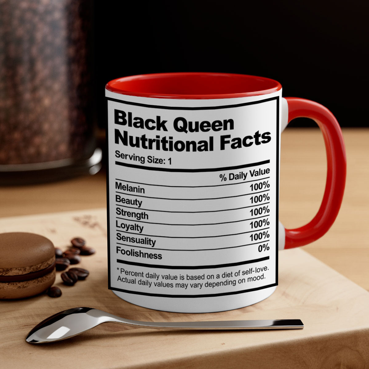 Black Queen Nutritional Facts Mug with glossy finish and colored handle, available in multiple colors and sizes.