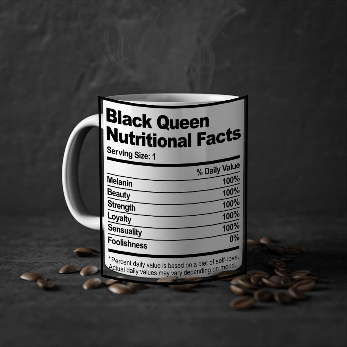 Black Queen Nutritional Facts Mug with glossy finish and colored handle, available in multiple colors and sizes.