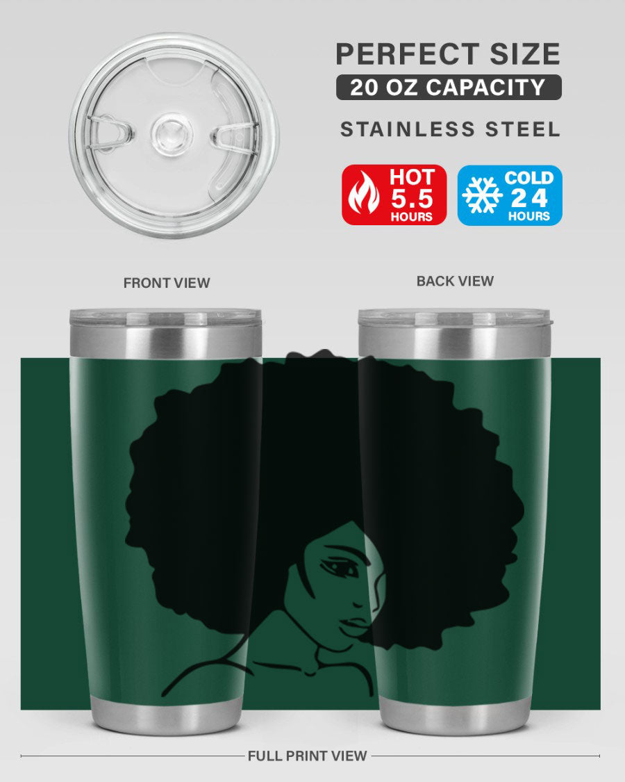 A stylish black woman tumbler in 20oz and 30oz sizes, made of stainless steel with a copper lining, featuring a drink-thru lid.