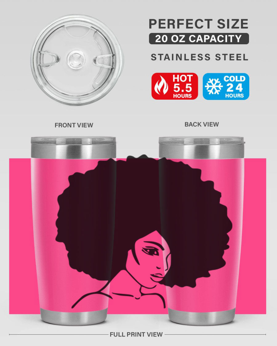 A stylish black woman tumbler in 20oz and 30oz sizes, made of stainless steel with a copper lining, featuring a drink-thru lid.