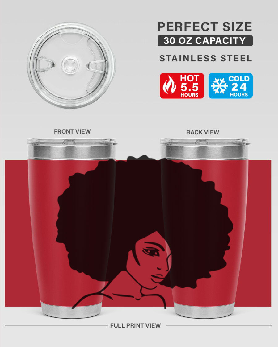 A stylish black woman tumbler in 20oz and 30oz sizes, made of stainless steel with a copper lining, featuring a drink-thru lid.