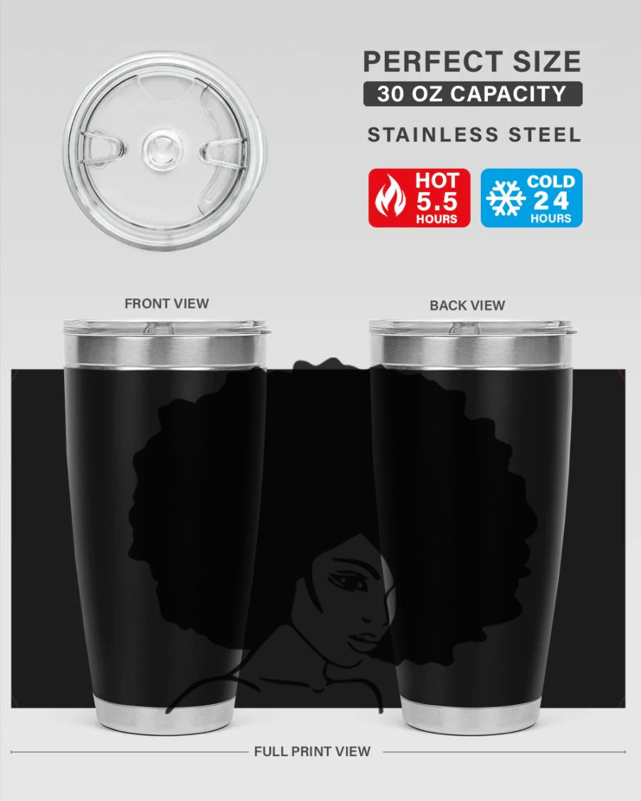 A stylish black woman tumbler in 20oz and 30oz sizes, made of stainless steel with a copper lining, featuring a drink-thru lid.